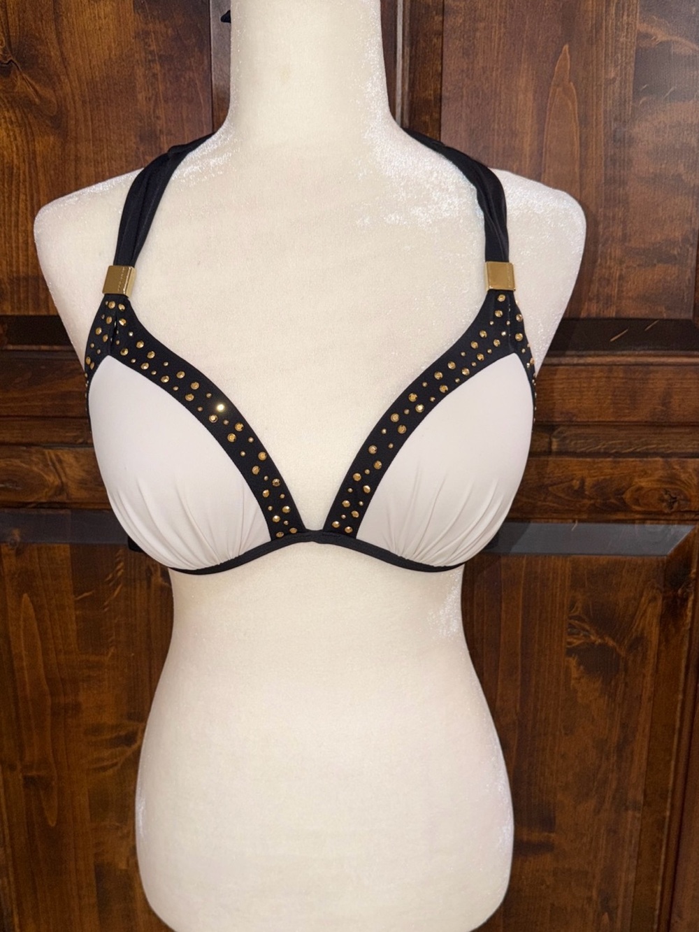 Victoria Secret Bikini Top White  Black Gold Studded Hardware Size Large Halter